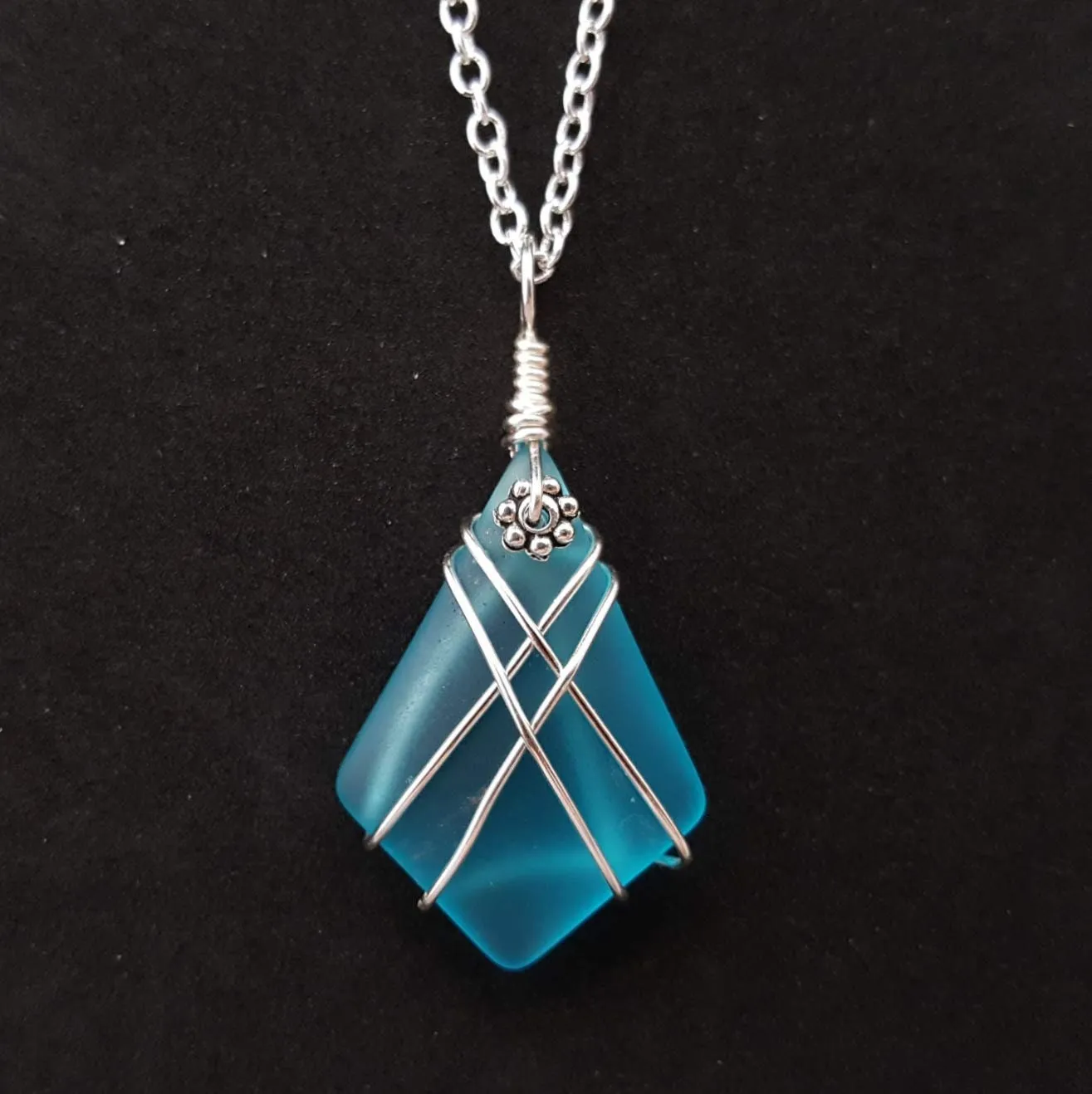 Hawaiian Jewelry Sea Glass Necklace, Wire Cross Necklace Turquoise Necklace Blue Necklace, Beach Jewelry Birthday Gift (December Birthstone)