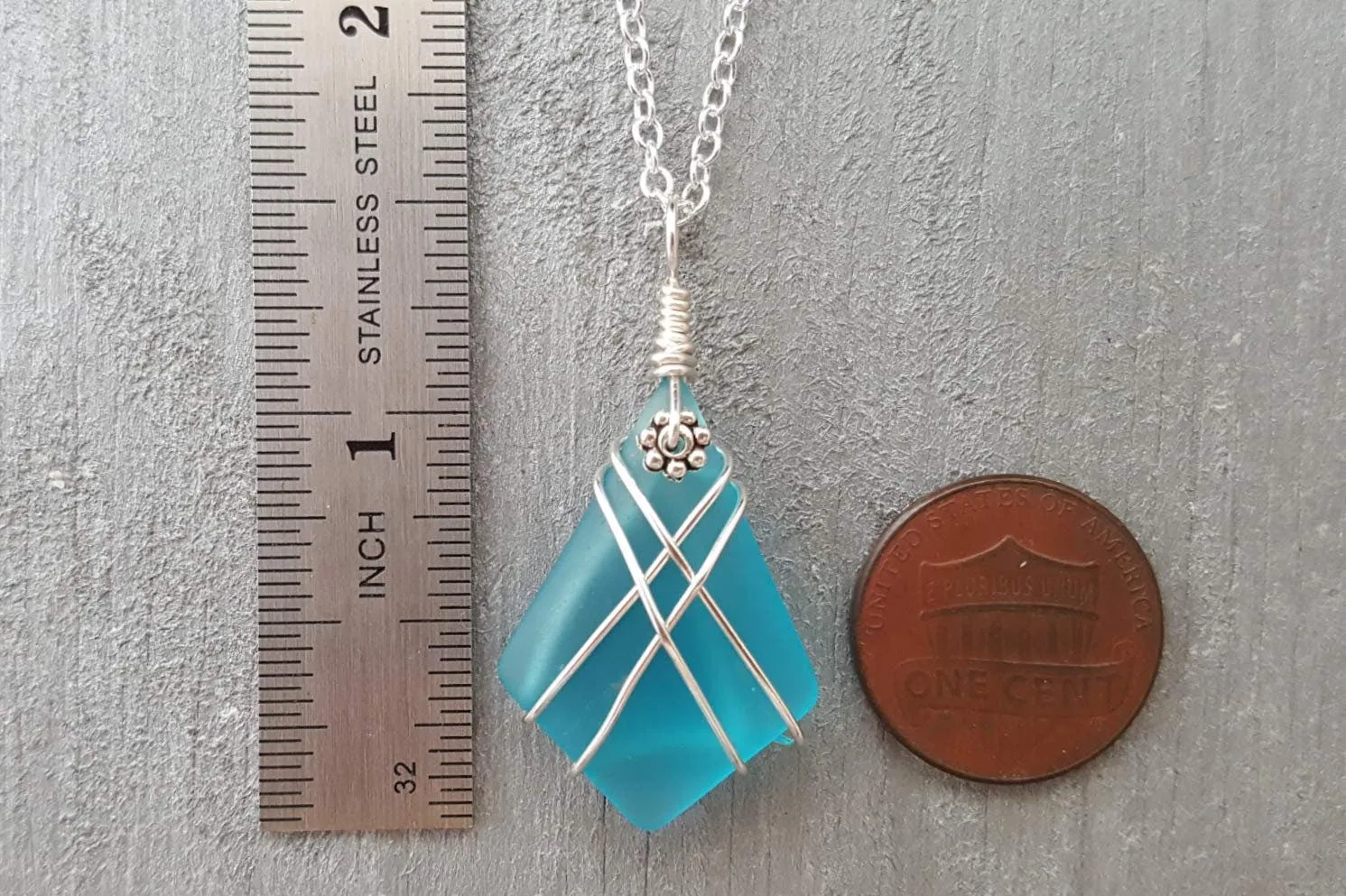 Hawaiian Jewelry Sea Glass Necklace, Wire Cross Necklace Turquoise Necklace Blue Necklace, Beach Jewelry Birthday Gift (December Birthstone)