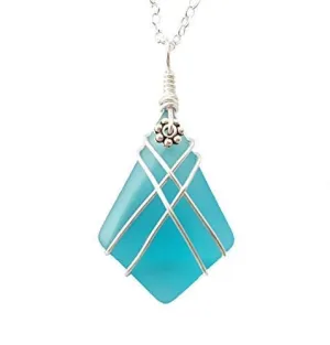 Hawaiian Jewelry Sea Glass Necklace, Wire Cross Necklace Turquoise Necklace Blue Necklace, Beach Jewelry Birthday Gift (December Birthstone)