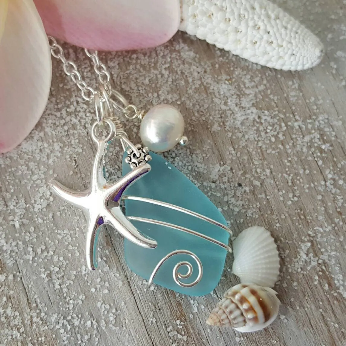 Hawaiian Jewelry Sea Glass Necklace, Wire Turquoise Necklace Blue Necklace, Pearl Starfish Necklace, Sea Glass Jewelry (December Birthstone)