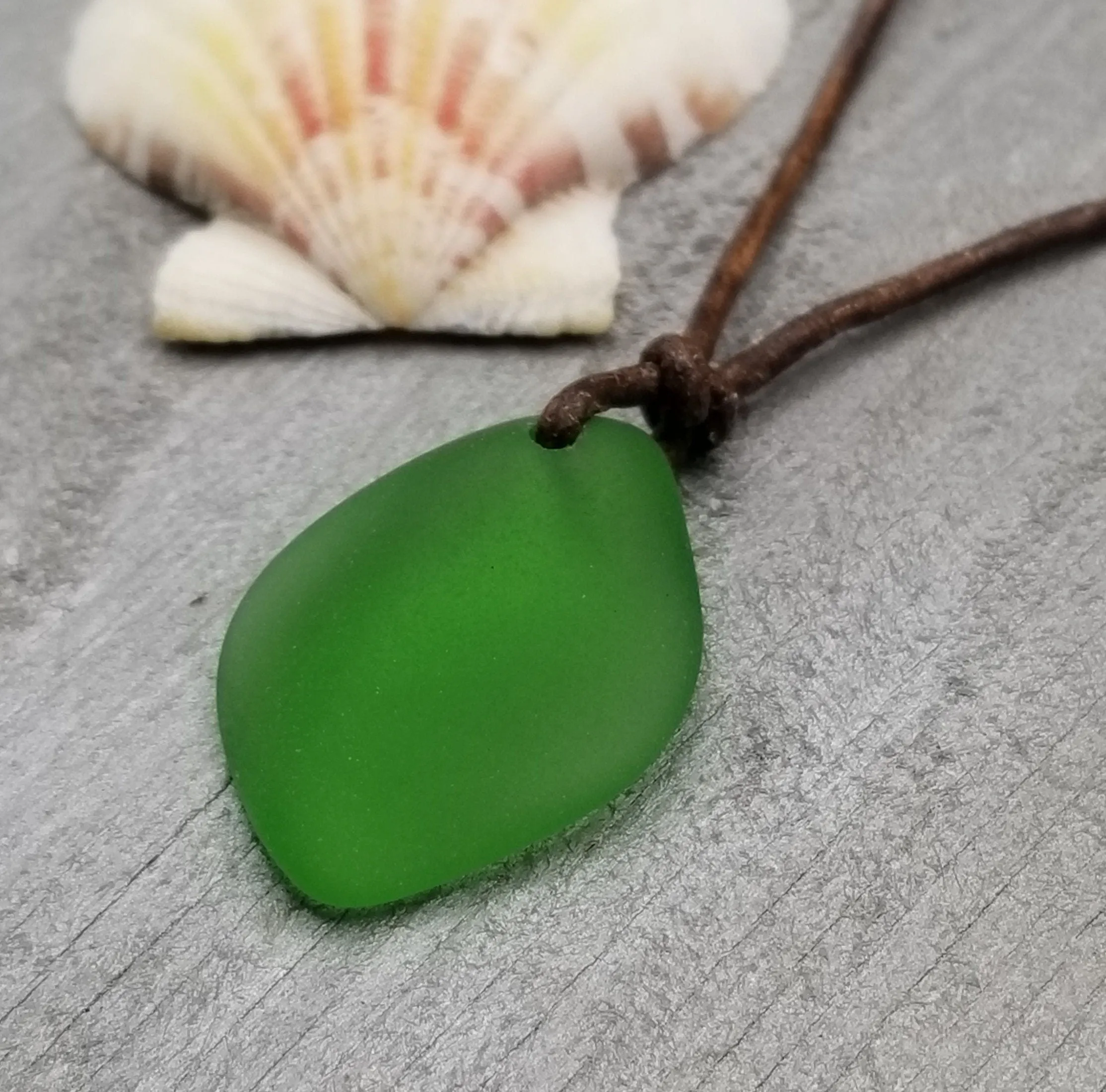 Hawaiian Sea Glass Necklace, Small Puff Emerald  Necklace Leather Cord Necklace Unisex Beach Jewelry Gift For Him For Her, May Birthstone
