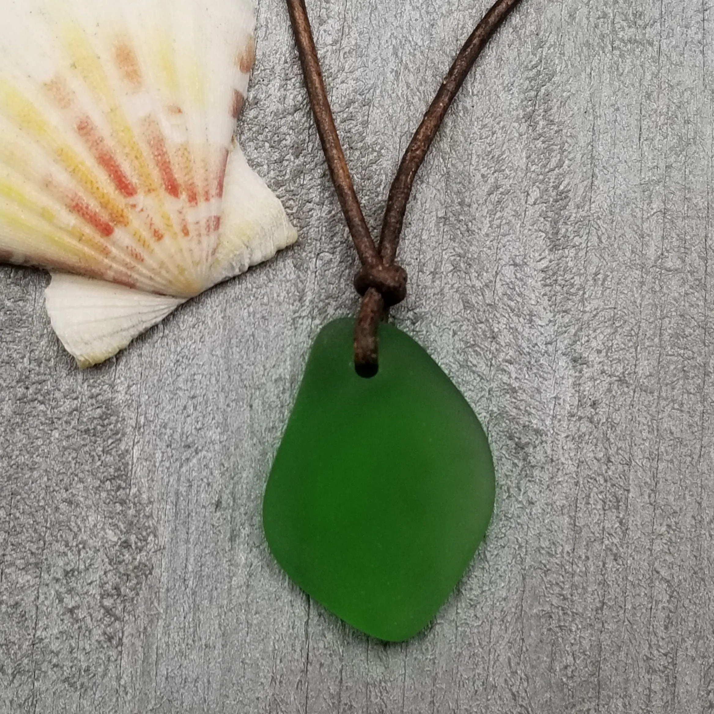 Hawaiian Sea Glass Necklace, Small Puff Emerald  Necklace Leather Cord Necklace Unisex Beach Jewelry Gift For Him For Her, May Birthstone