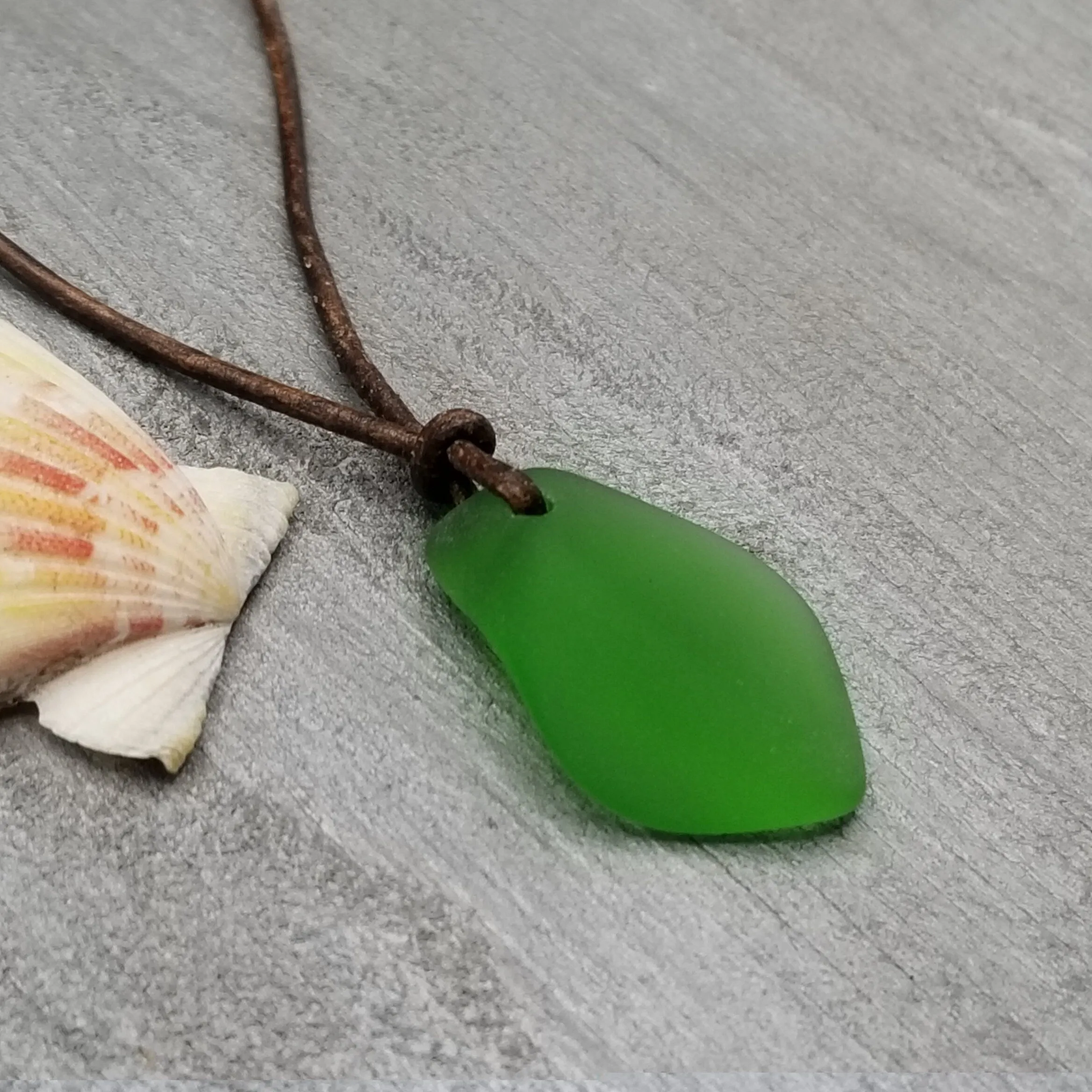Hawaiian Sea Glass Necklace, Small Puff Emerald  Necklace Leather Cord Necklace Unisex Beach Jewelry Gift For Him For Her, May Birthstone