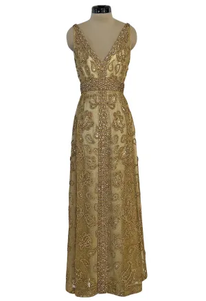 Incredible 1960s Malcolm Starr Gold Metal Net Dress w Metal Cording & Rhinestones