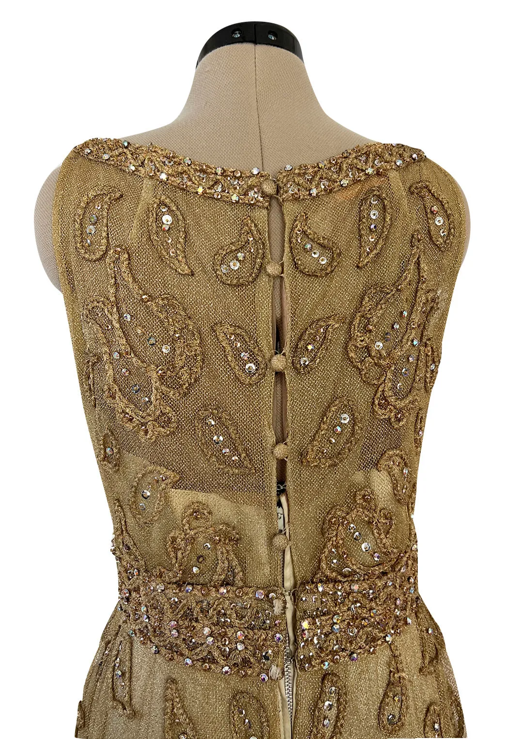 Incredible 1960s Malcolm Starr Gold Metal Net Dress w Metal Cording & Rhinestones
