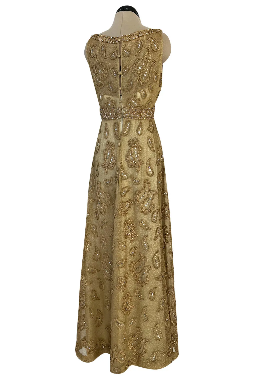Incredible 1960s Malcolm Starr Gold Metal Net Dress w Metal Cording & Rhinestones