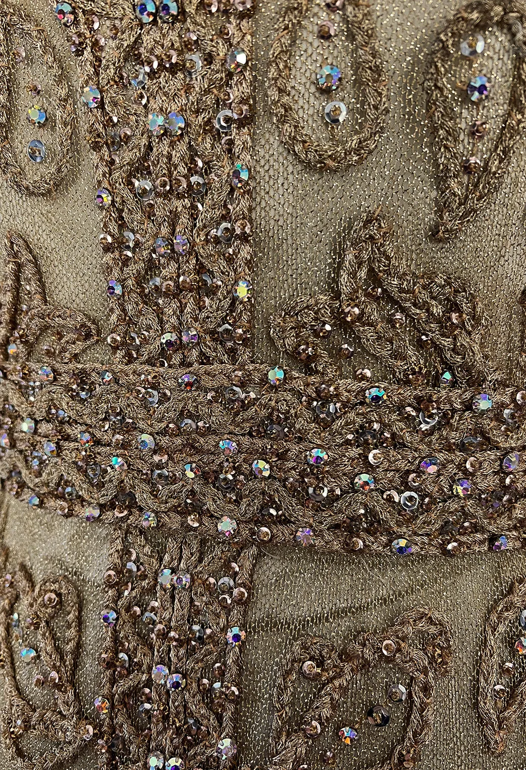 Incredible 1960s Malcolm Starr Gold Metal Net Dress w Metal Cording & Rhinestones