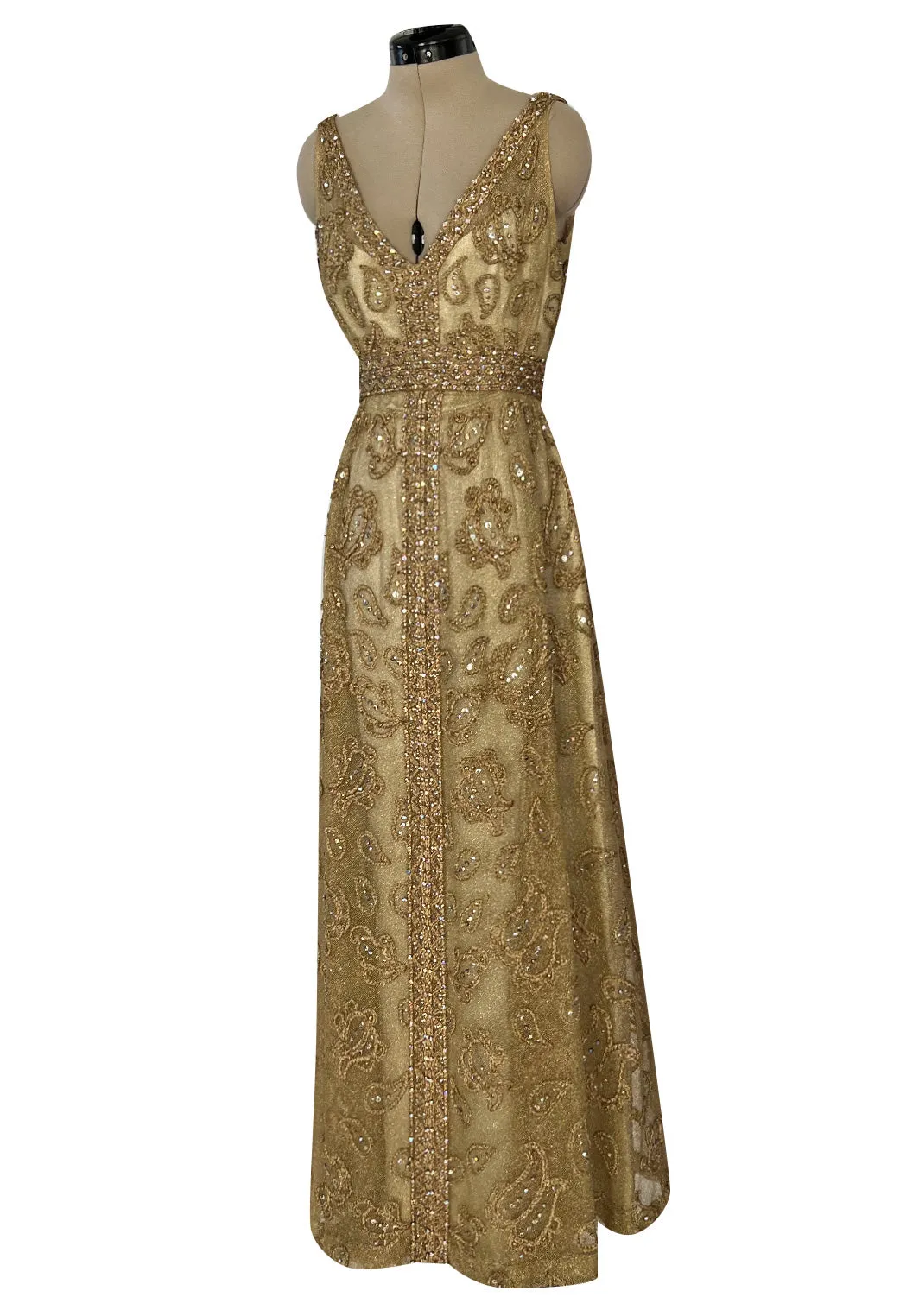 Incredible 1960s Malcolm Starr Gold Metal Net Dress w Metal Cording & Rhinestones