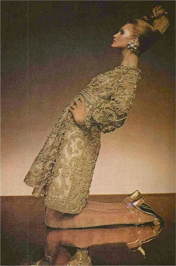 Incredible 1960s Malcolm Starr Gold Metal Net Dress w Metal Cording & Rhinestones