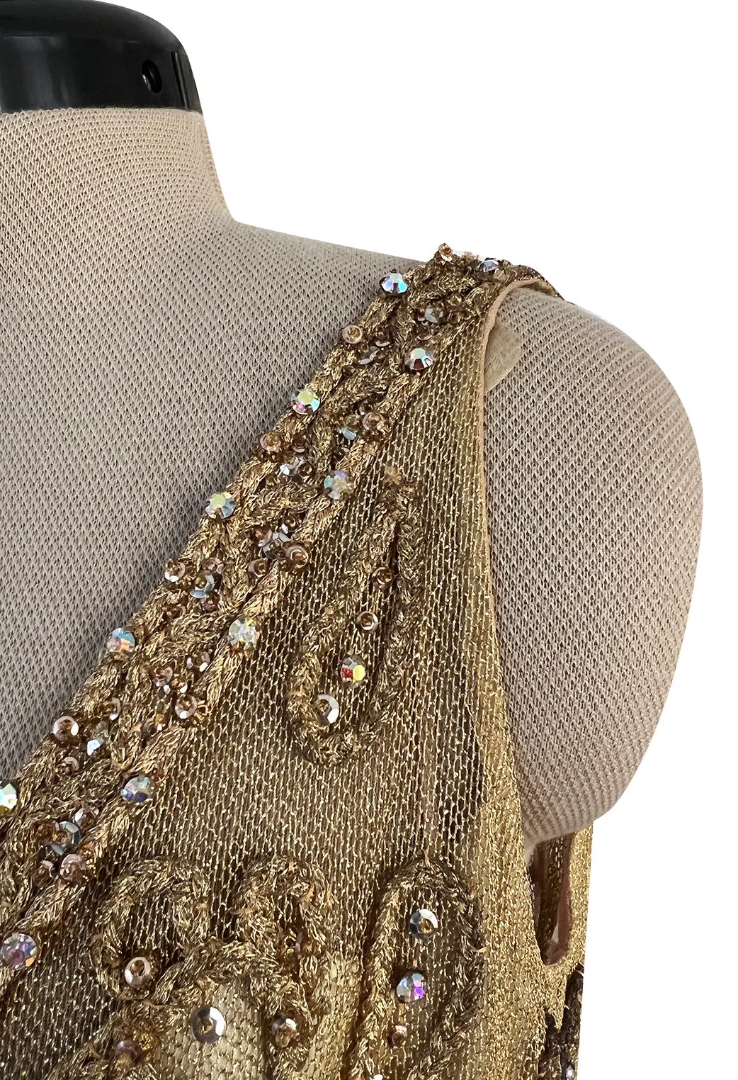 Incredible 1960s Malcolm Starr Gold Metal Net Dress w Metal Cording & Rhinestones
