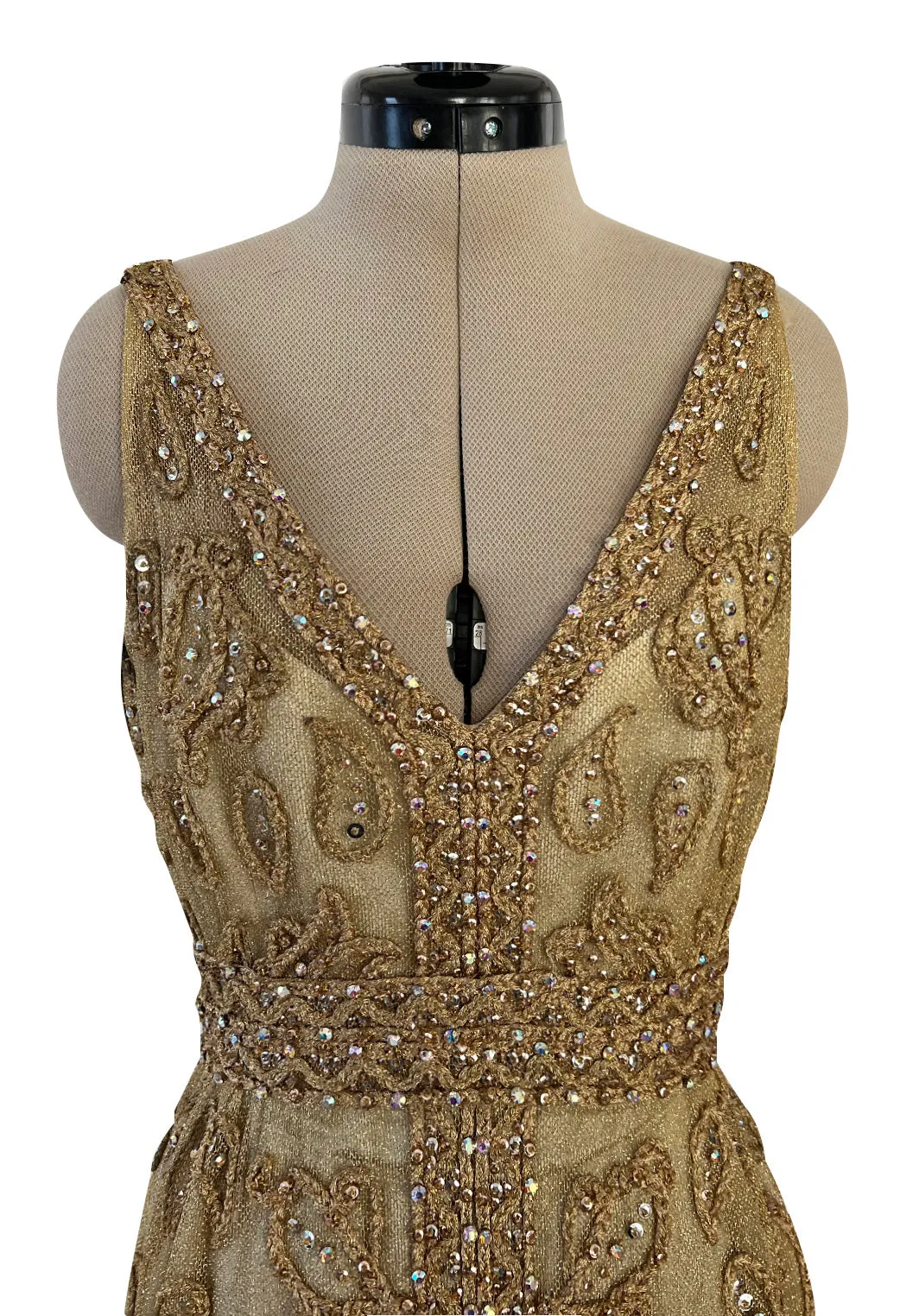Incredible 1960s Malcolm Starr Gold Metal Net Dress w Metal Cording & Rhinestones