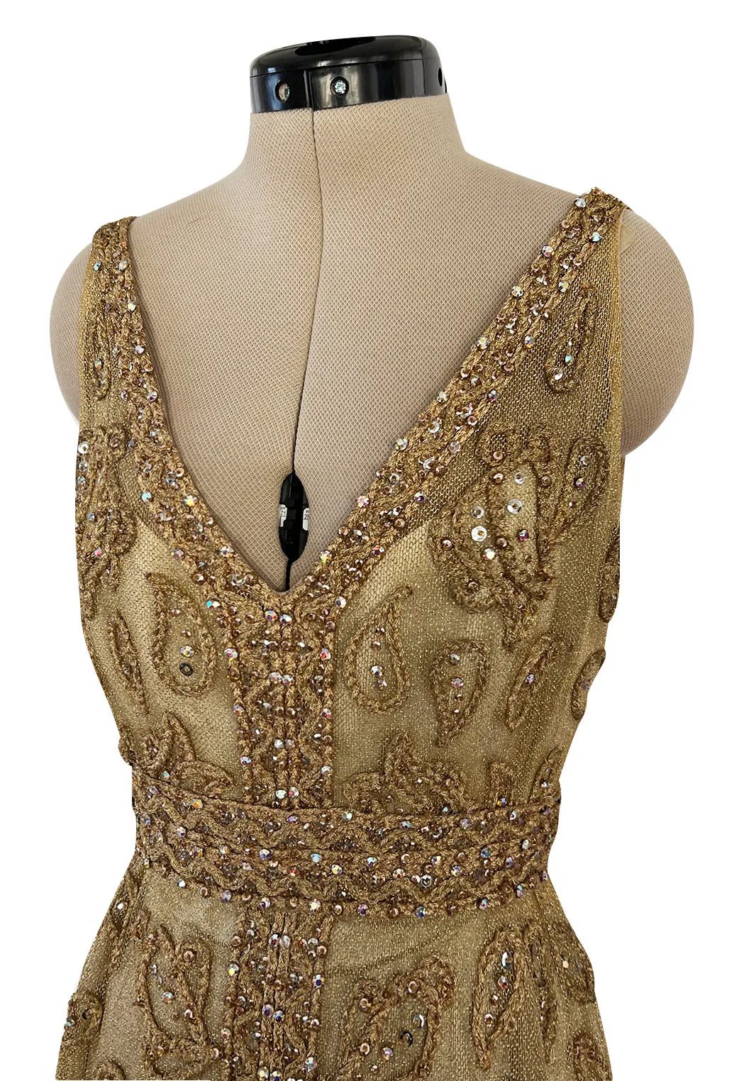 Incredible 1960s Malcolm Starr Gold Metal Net Dress w Metal Cording & Rhinestones