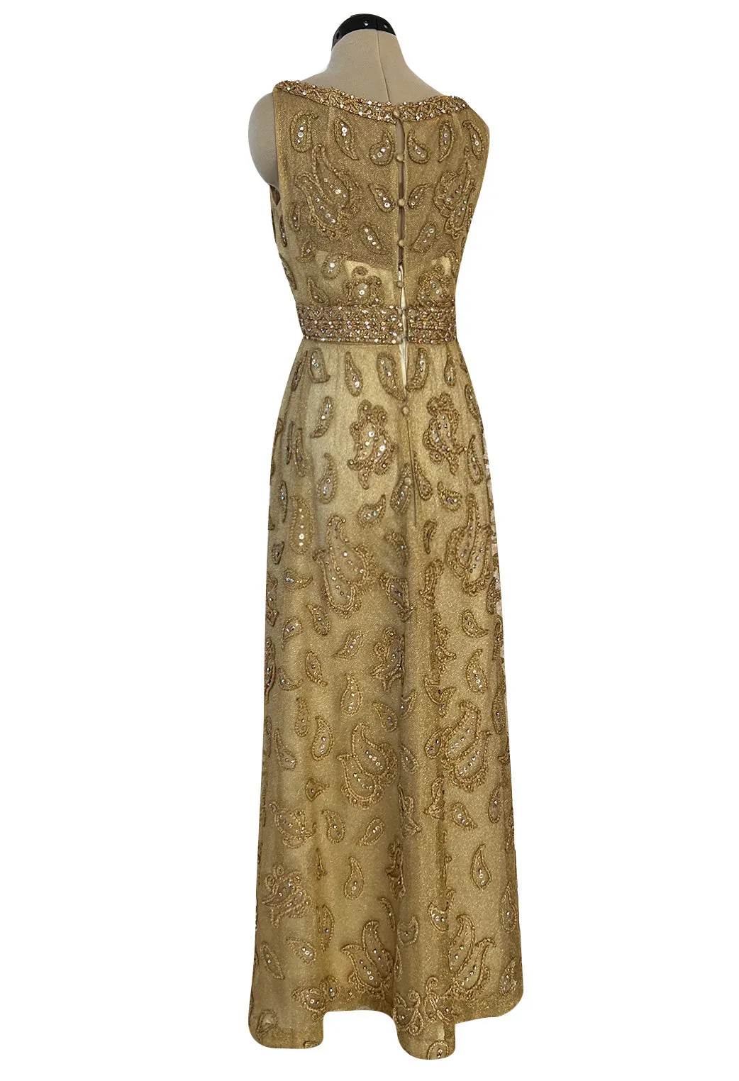 Incredible 1960s Malcolm Starr Gold Metal Net Dress w Metal Cording & Rhinestones