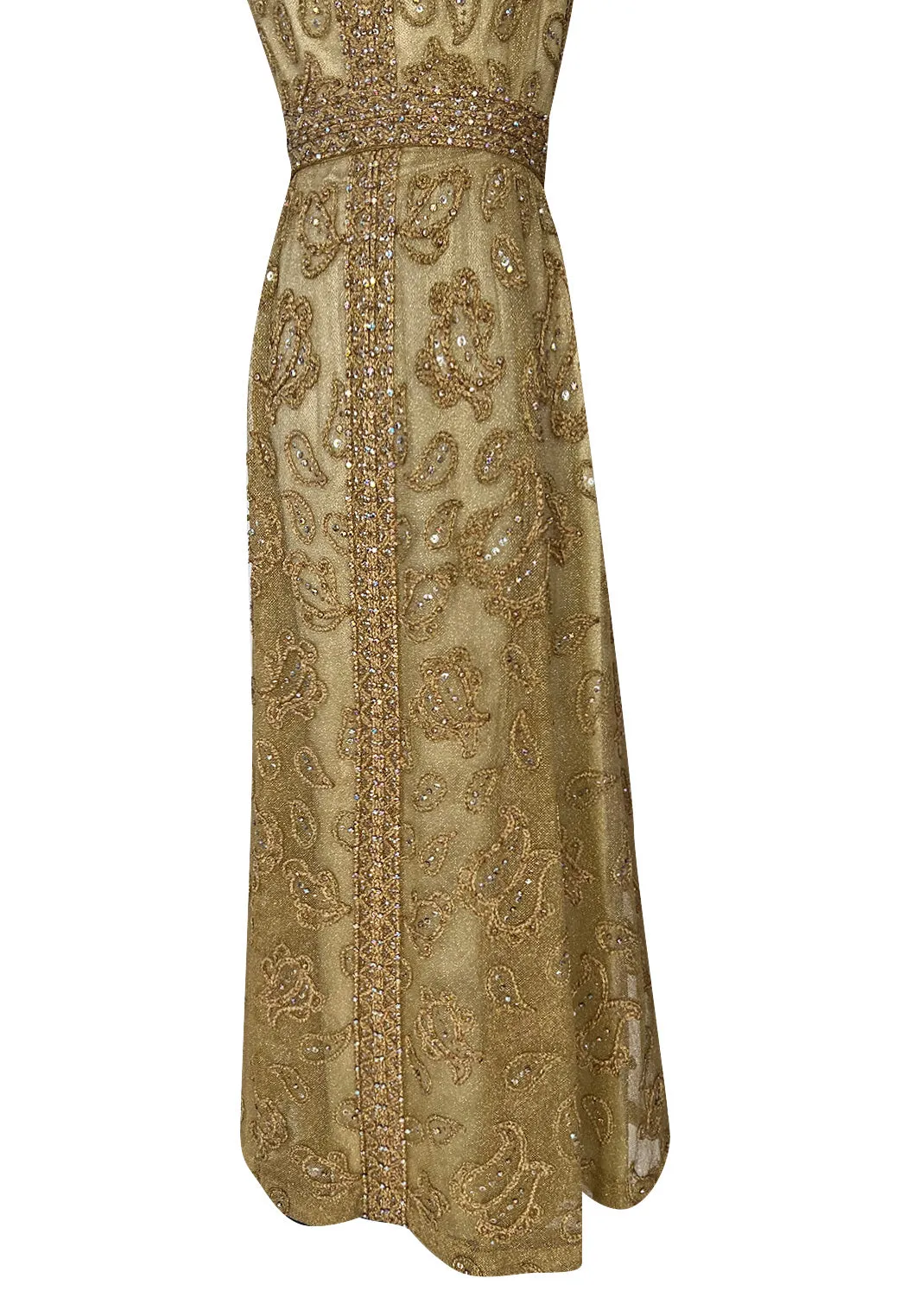 Incredible 1960s Malcolm Starr Gold Metal Net Dress w Metal Cording & Rhinestones