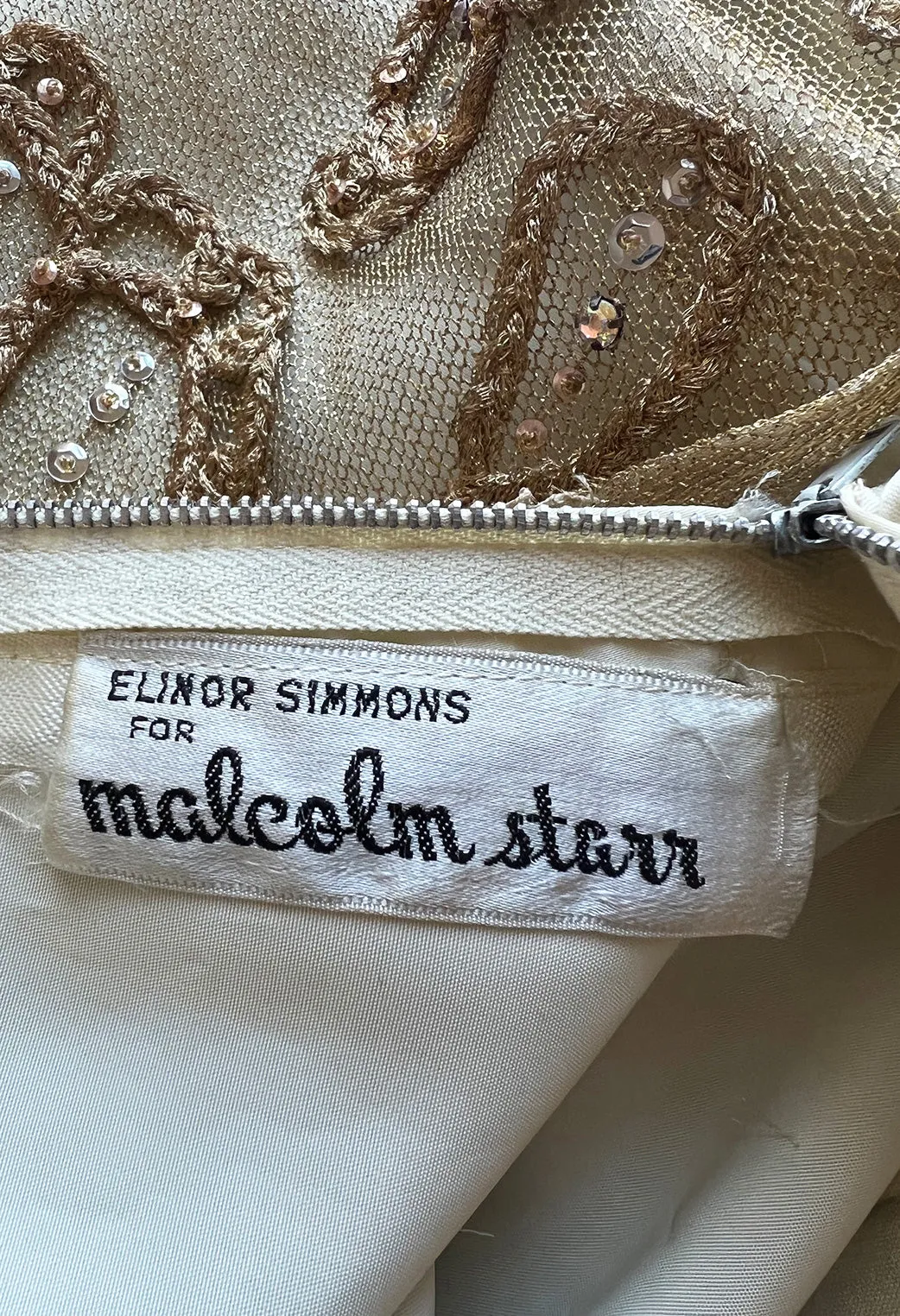 Incredible 1960s Malcolm Starr Gold Metal Net Dress w Metal Cording & Rhinestones