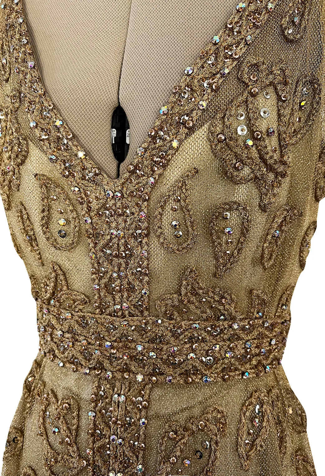 Incredible 1960s Malcolm Starr Gold Metal Net Dress w Metal Cording & Rhinestones