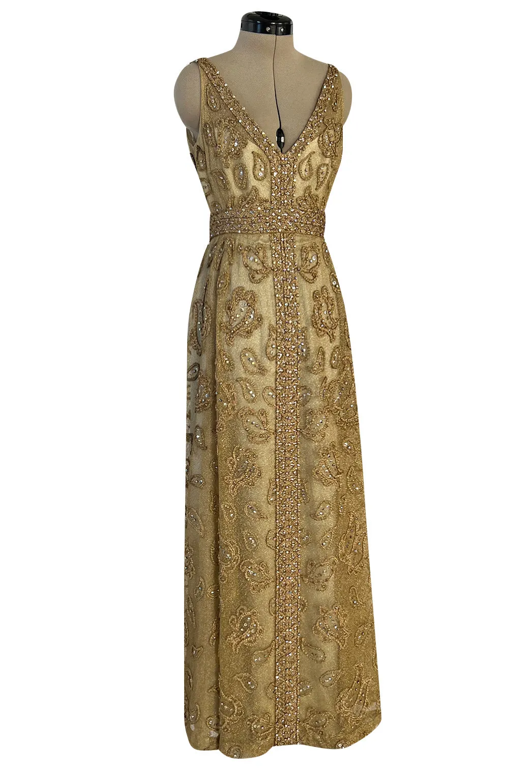 Incredible 1960s Malcolm Starr Gold Metal Net Dress w Metal Cording & Rhinestones