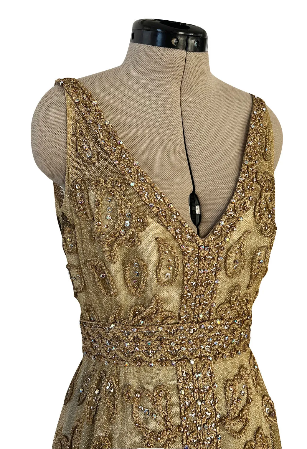 Incredible 1960s Malcolm Starr Gold Metal Net Dress w Metal Cording & Rhinestones
