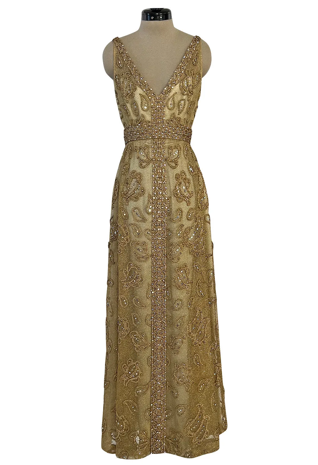 Incredible 1960s Malcolm Starr Gold Metal Net Dress w Metal Cording & Rhinestones