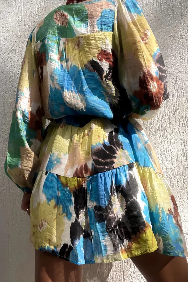 Indianna Unique Tie-dye Print Button Balloon Sleeve Tiered Loose Mini Dress