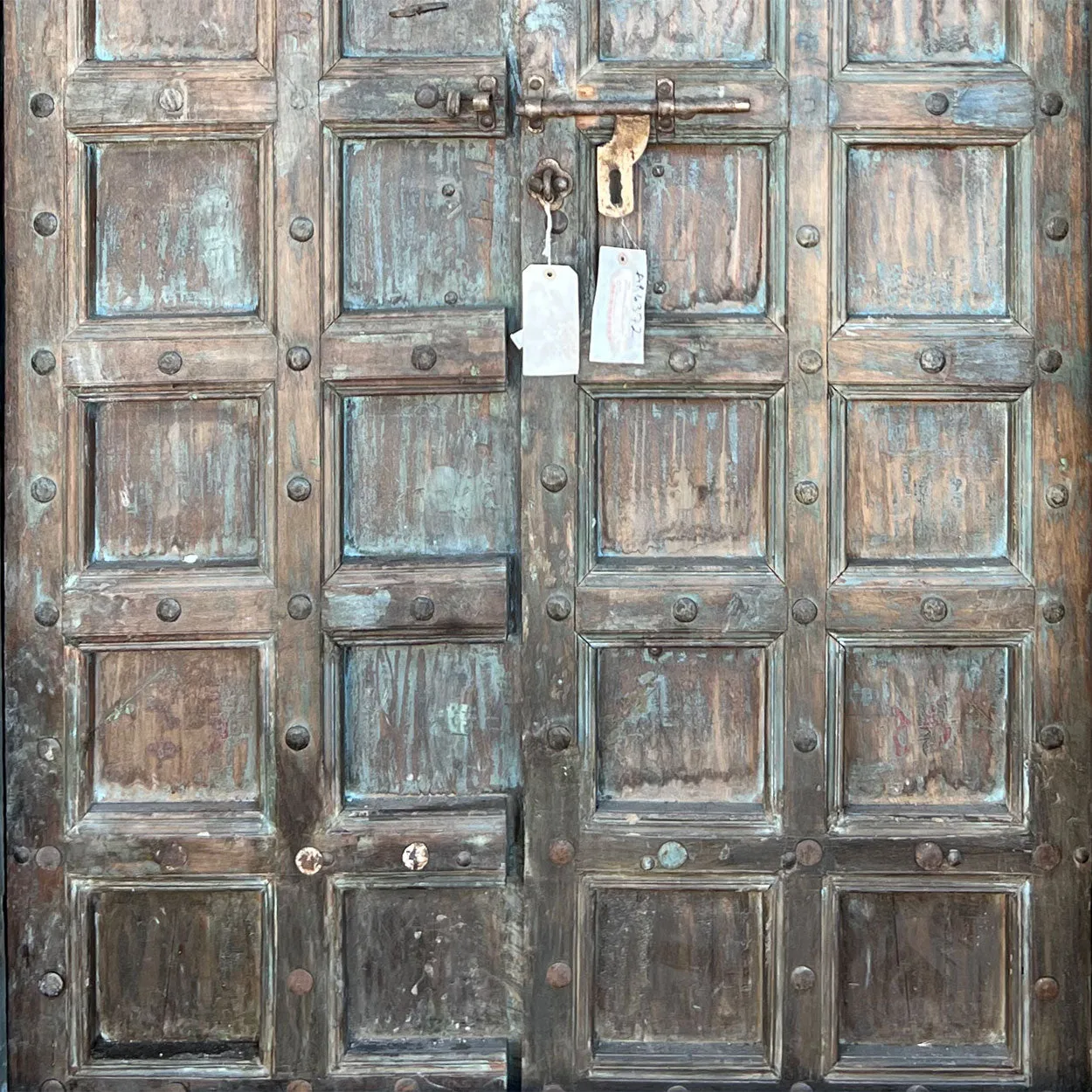 Indo-Portuguese Iron Nailhead Painted Teak Double Door with Frame