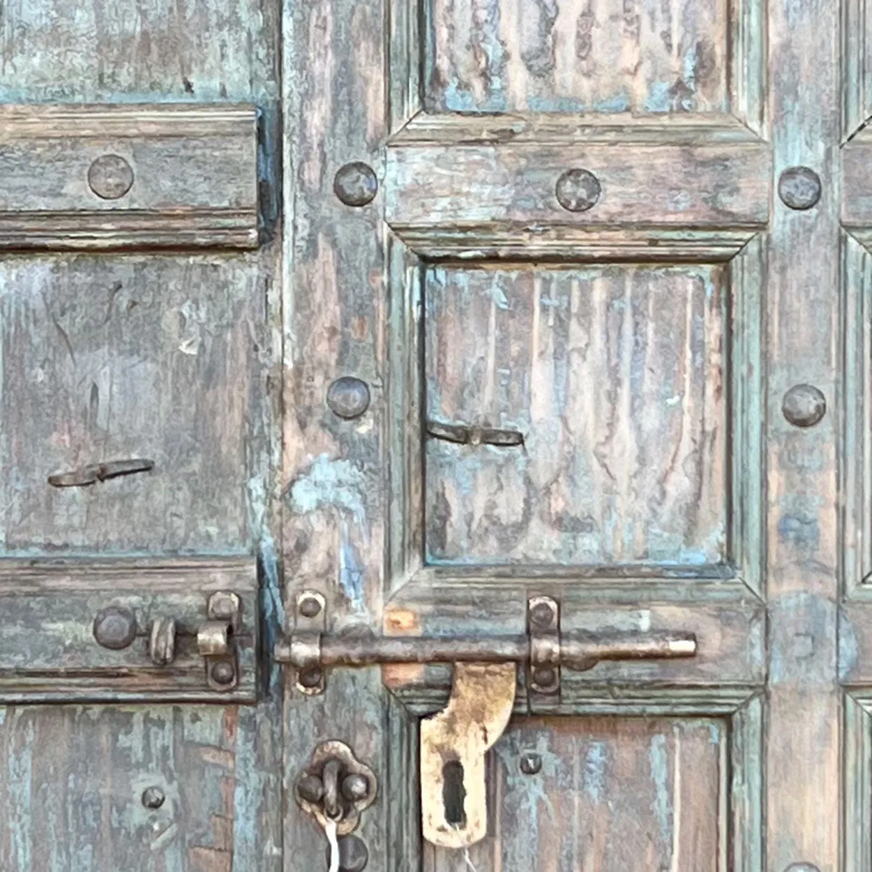 Indo-Portuguese Iron Nailhead Painted Teak Double Door with Frame