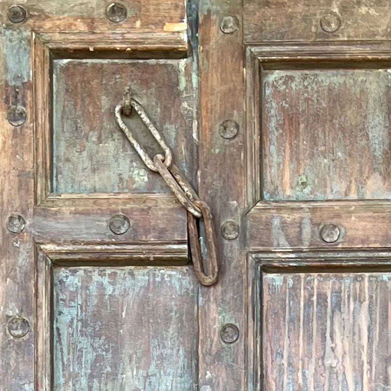 Indo-Portuguese Iron Nailhead Painted Teak Double Door with Frame