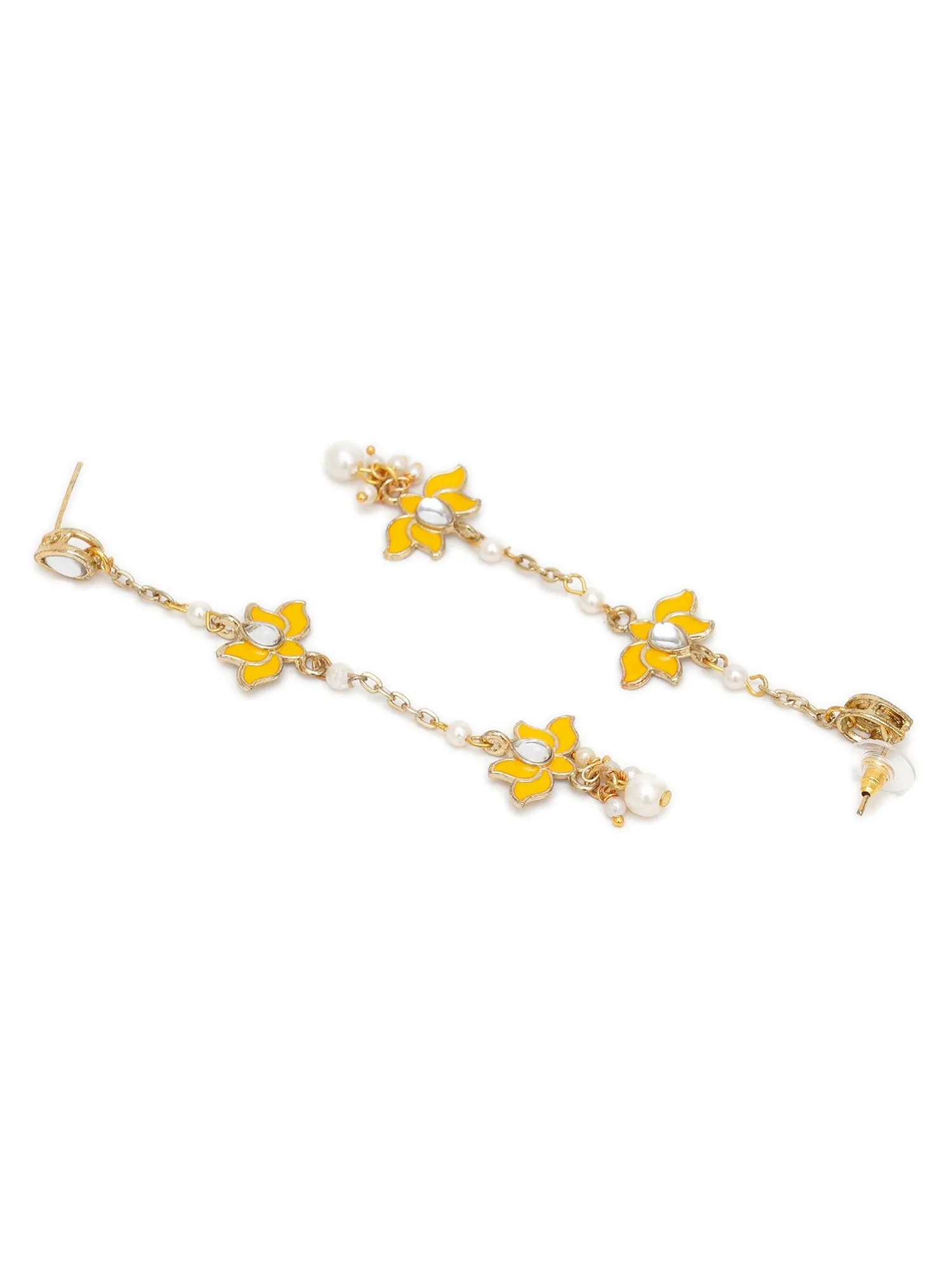 Karatcart Gold Plated Lotus Shape Yellow Kundan Drop Earrings for Women