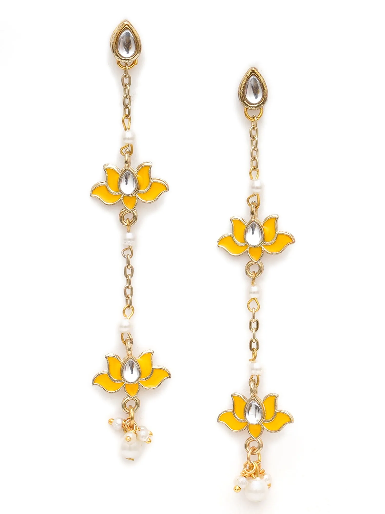 Karatcart Gold Plated Lotus Shape Yellow Kundan Drop Earrings for Women