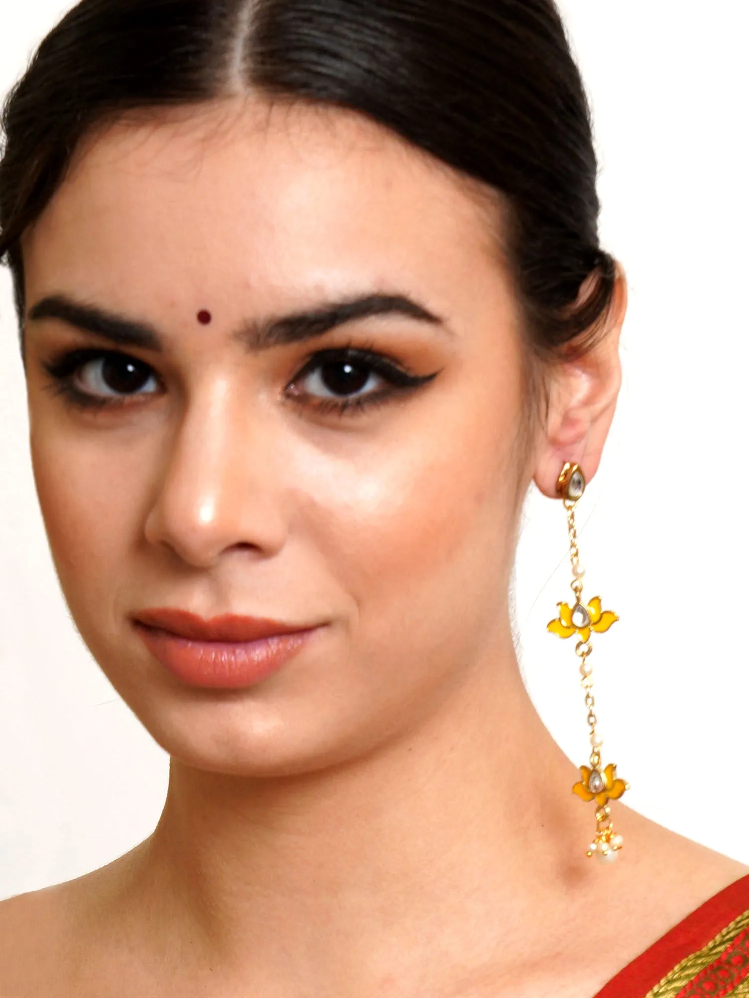 Karatcart Gold Plated Lotus Shape Yellow Kundan Drop Earrings for Women