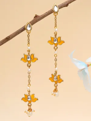 Karatcart Gold Plated Lotus Shape Yellow Kundan Drop Earrings for Women