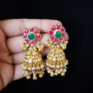 Kavitha Pachi Kundan Flower Jhumkas With Pearl and Maroon Drops HA