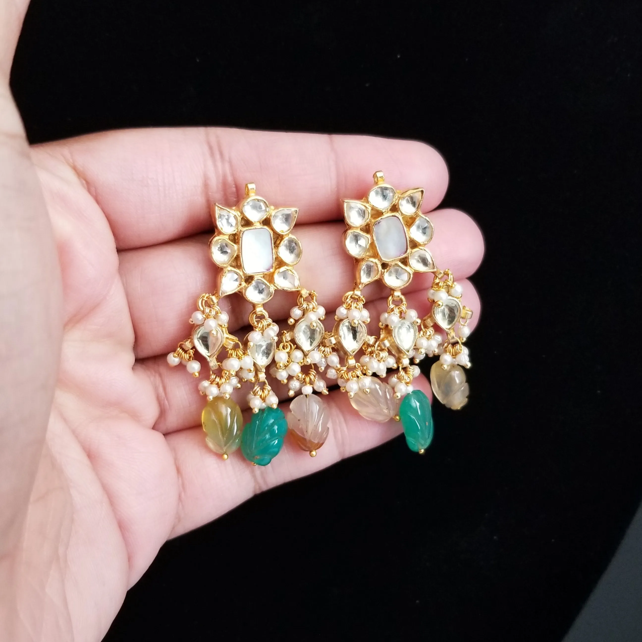 Kundan Mother of Pearl Necklace Set With Pastel Bead Drops