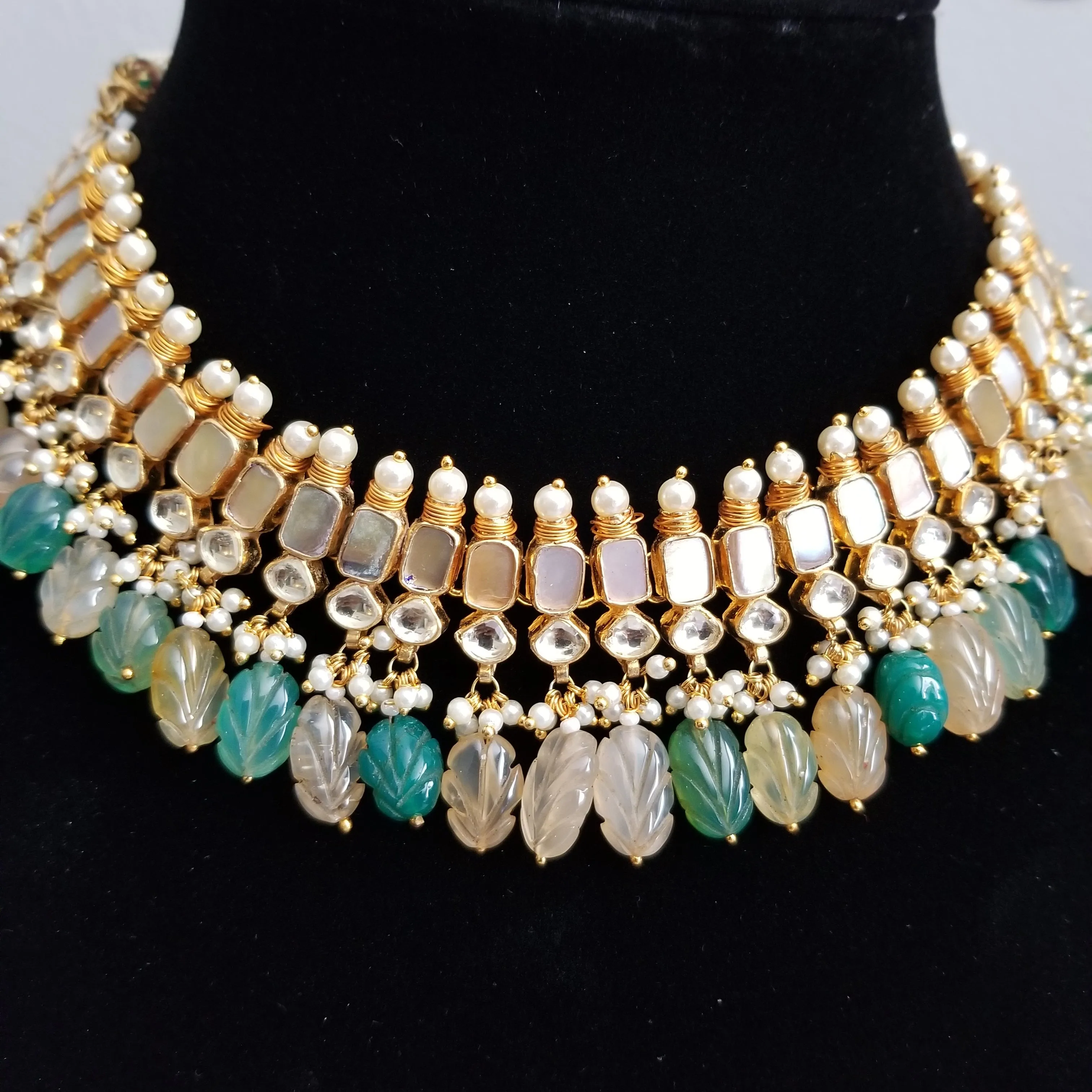 Kundan Mother of Pearl Necklace Set With Pastel Bead Drops