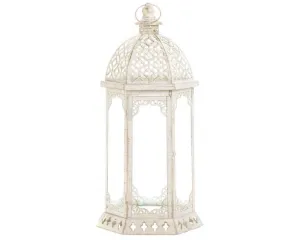 Large distressed ornate white candle lantern