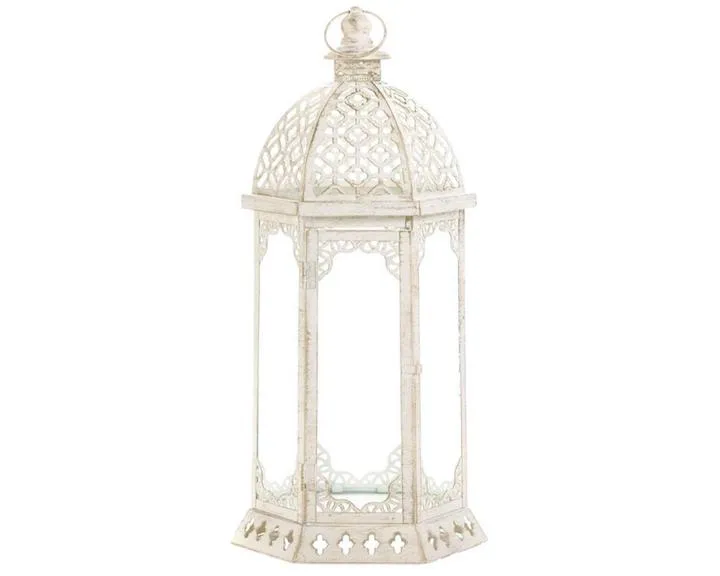 Large distressed ornate white candle lantern