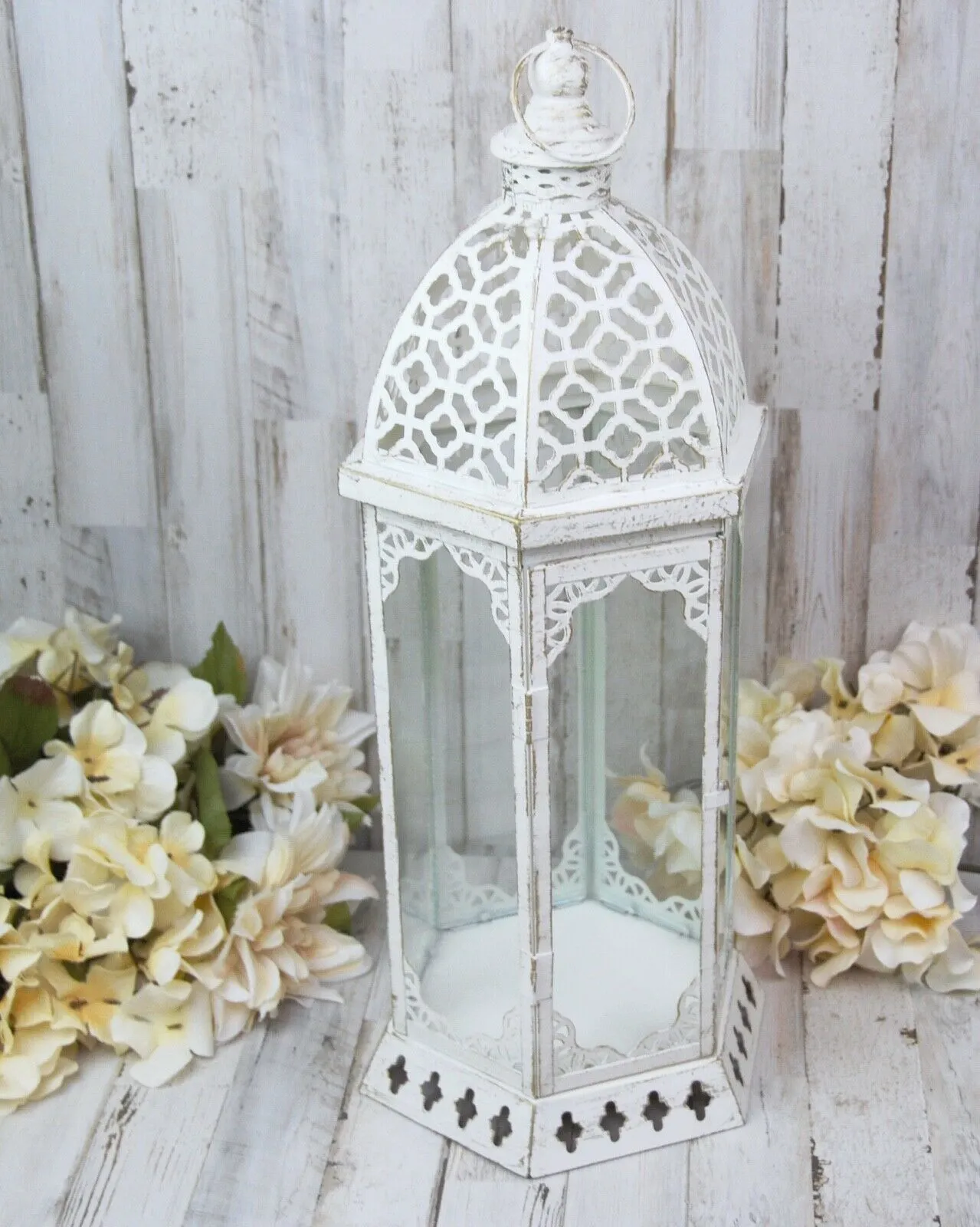 Large distressed ornate white candle lantern