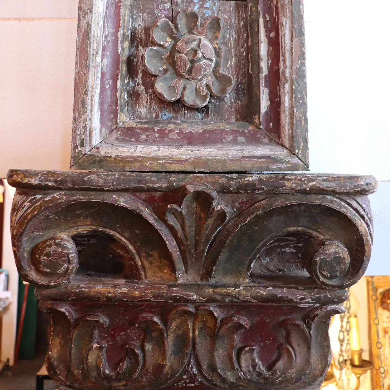 Large Indo-Portuguese Painted Teak 10-Foot Architectural Altarpiece Pilasters