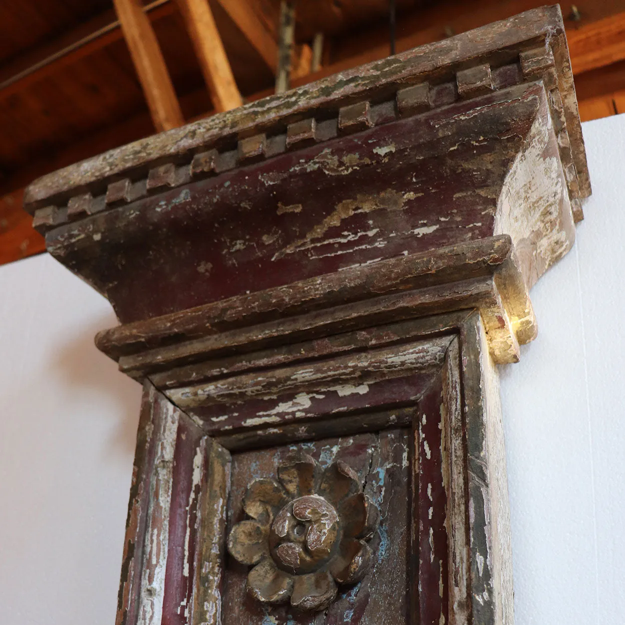 Large Indo-Portuguese Painted Teak 10-Foot Architectural Altarpiece Pilasters