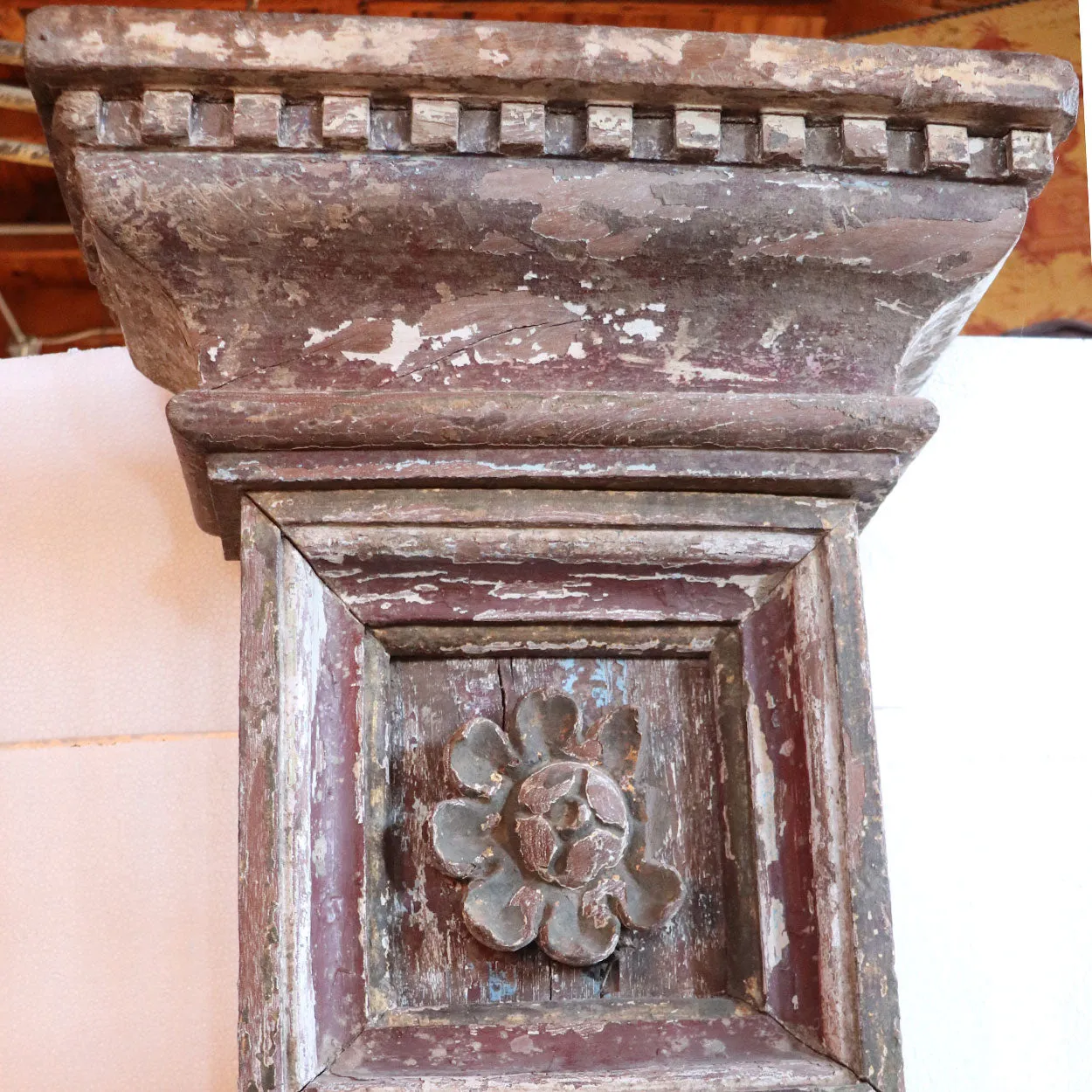 Large Indo-Portuguese Painted Teak 10-Foot Architectural Altarpiece Pilasters