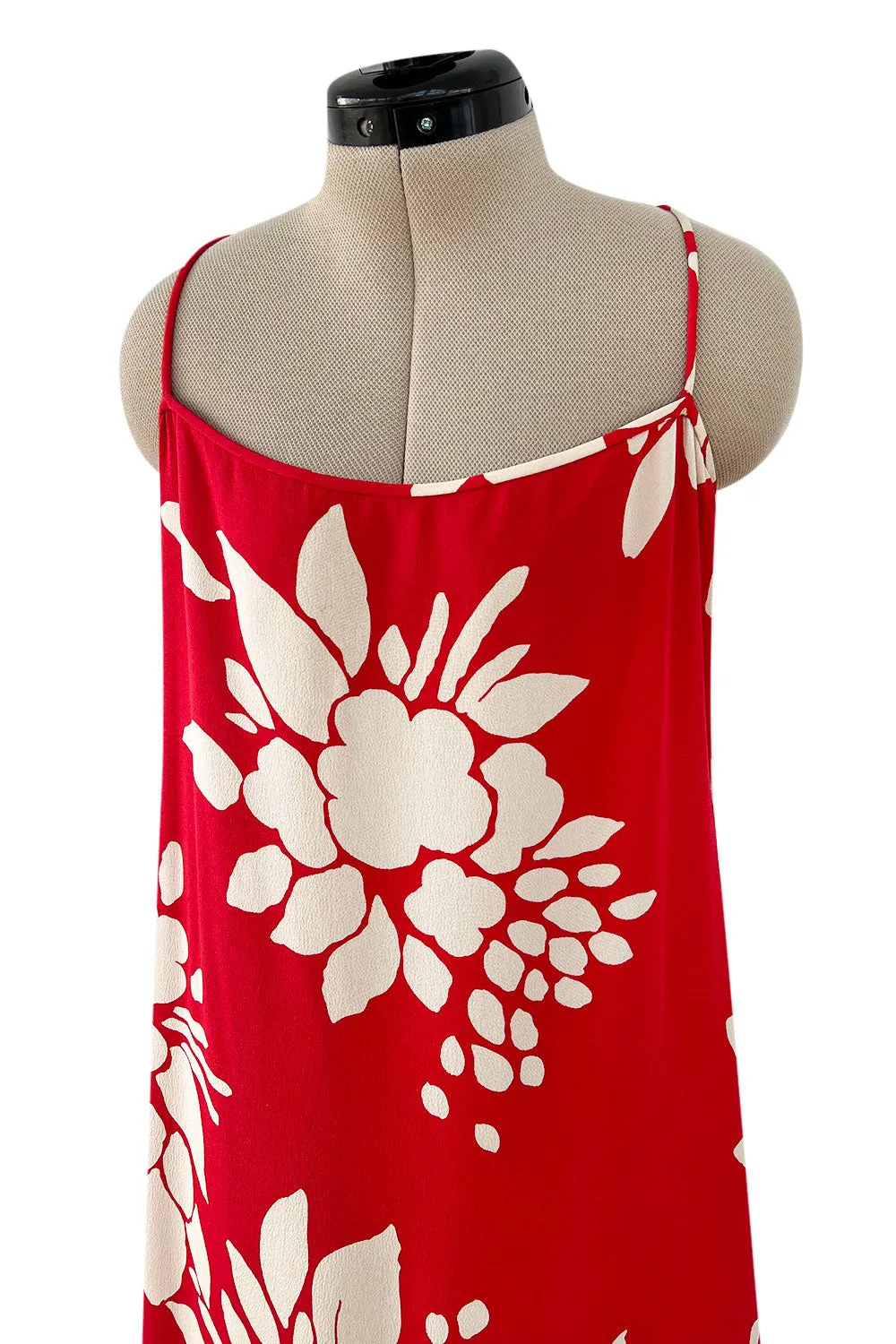 Late 1970s James Galanos Graphic Red & White Silk Crepe Dress w High Side Silt