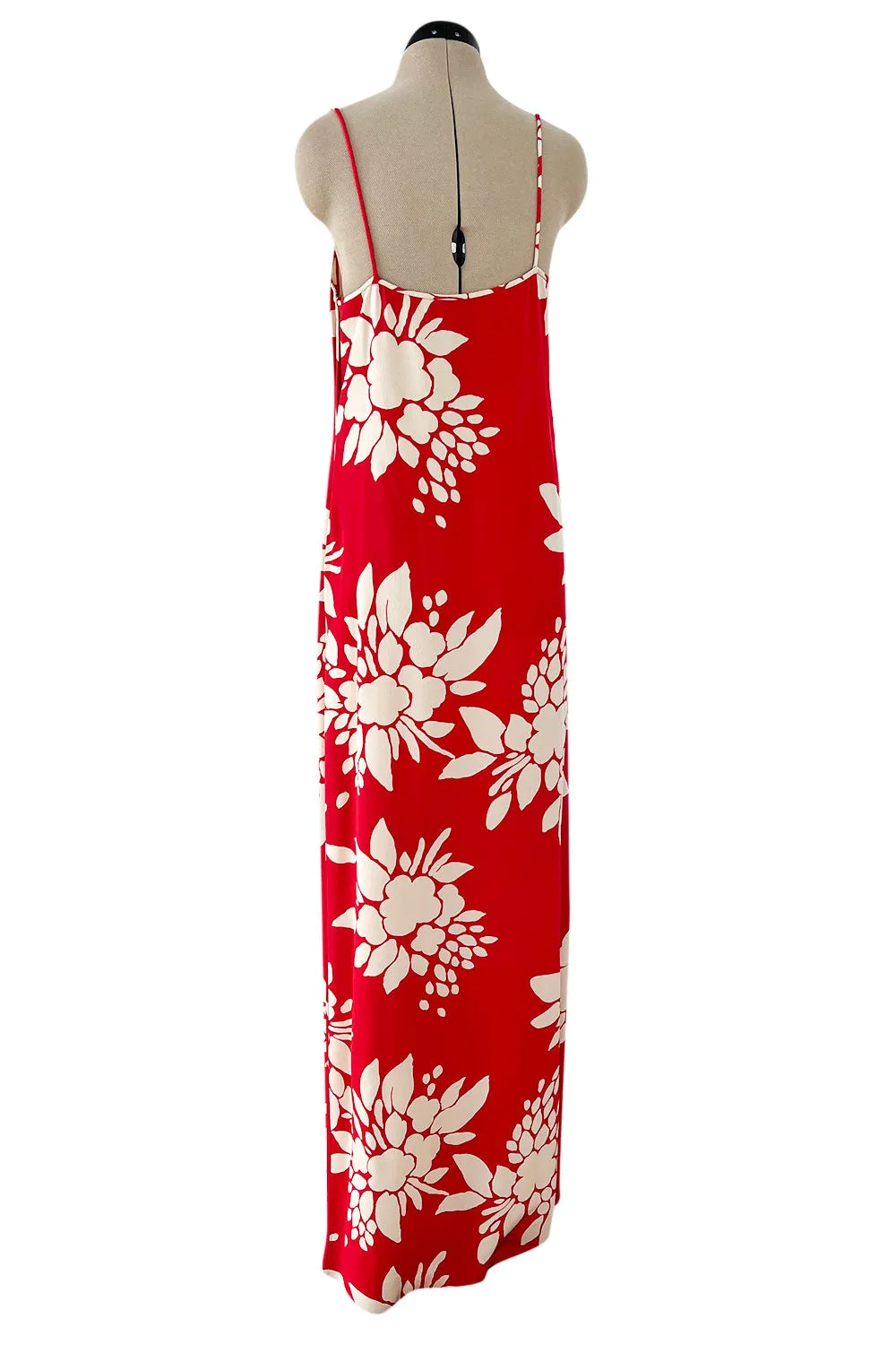 Late 1970s James Galanos Graphic Red & White Silk Crepe Dress w High Side Silt