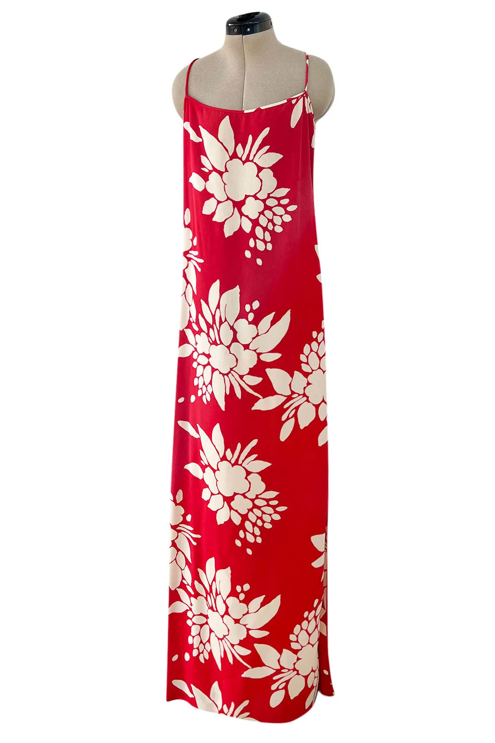 Late 1970s James Galanos Graphic Red & White Silk Crepe Dress w High Side Silt