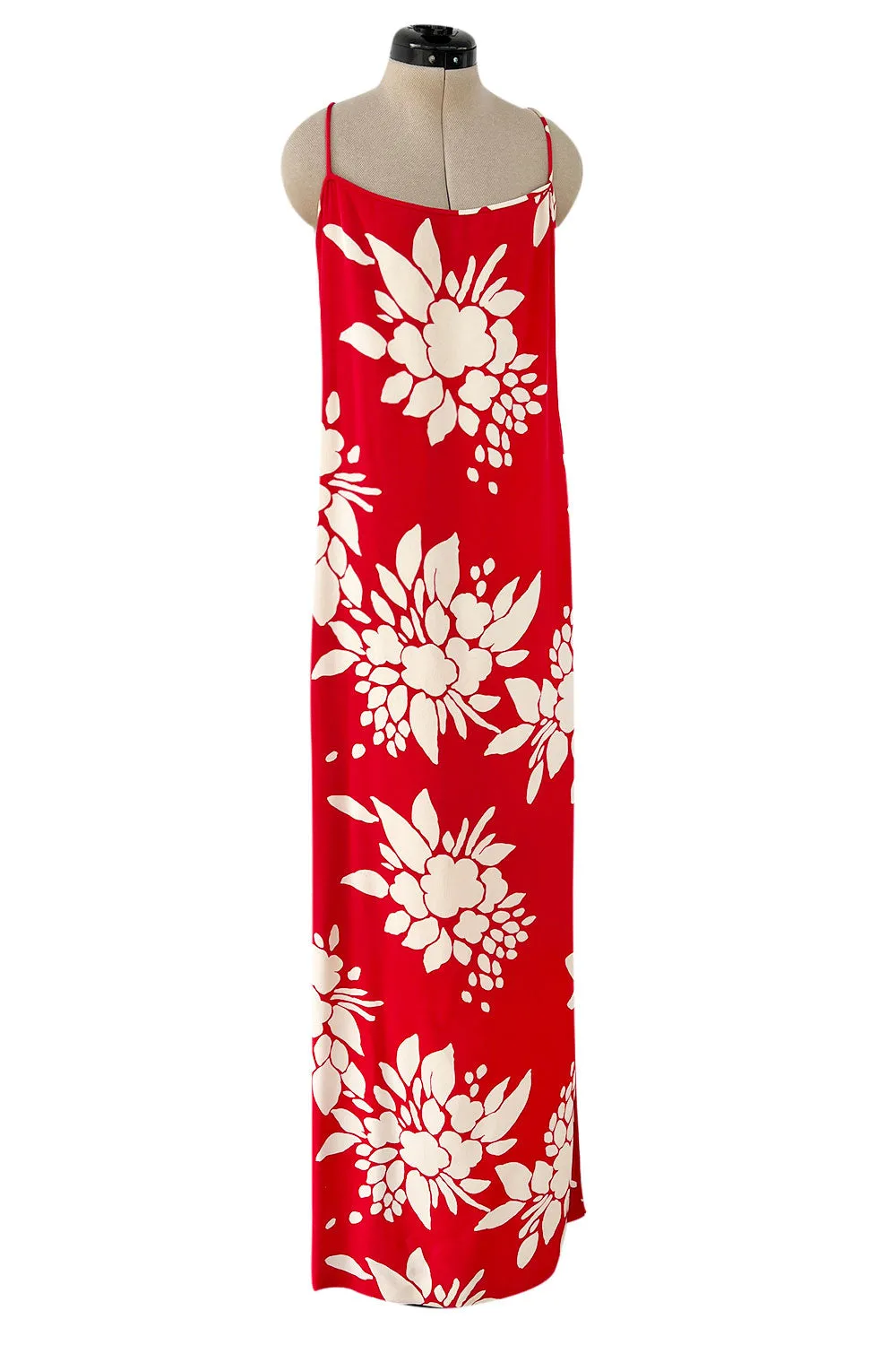 Late 1970s James Galanos Graphic Red & White Silk Crepe Dress w High Side Silt