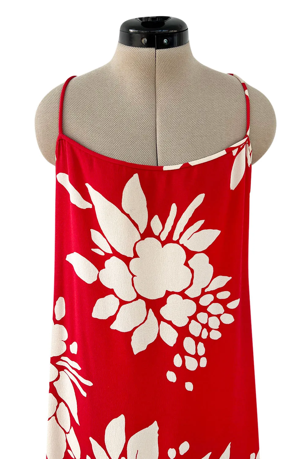 Late 1970s James Galanos Graphic Red & White Silk Crepe Dress w High Side Silt