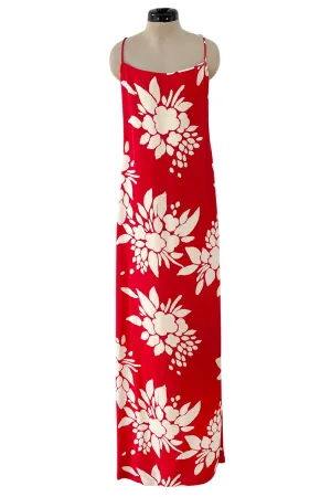 Late 1970s James Galanos Graphic Red & White Silk Crepe Dress w High Side Silt