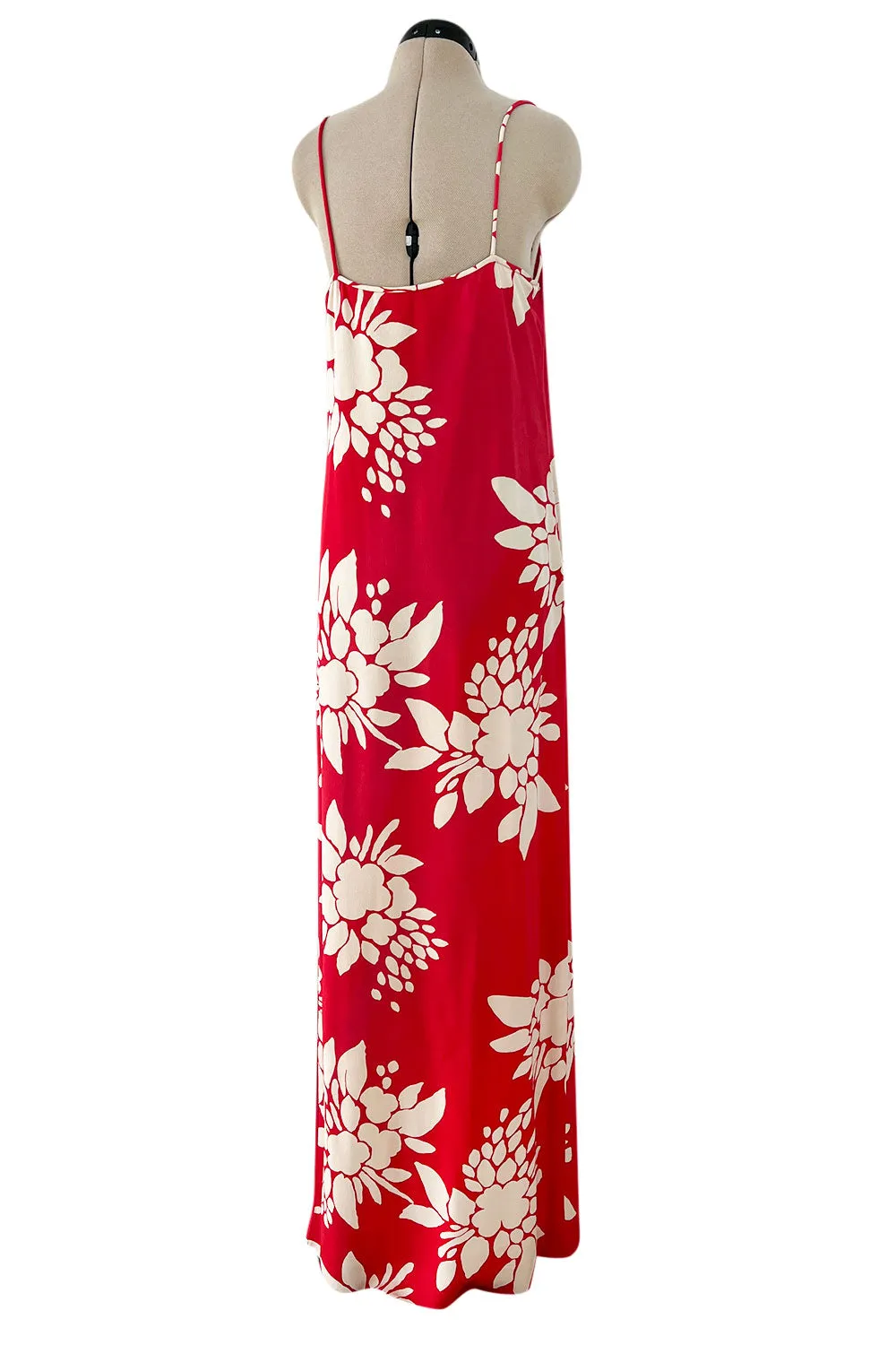Late 1970s James Galanos Graphic Red & White Silk Crepe Dress w High Side Silt