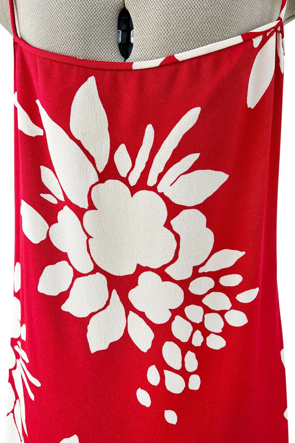 Late 1970s James Galanos Graphic Red & White Silk Crepe Dress w High Side Silt