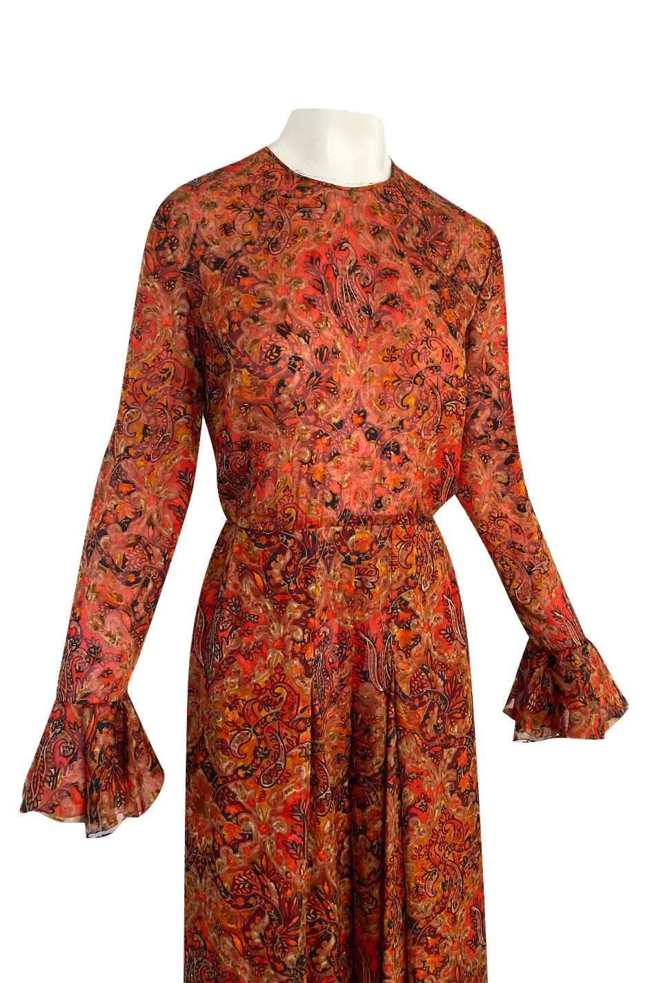 Late 1970s James Galanos Printed Rust & Coral Silk Chiffon Jumpsuit w Extra Wide Slit Pant Legs