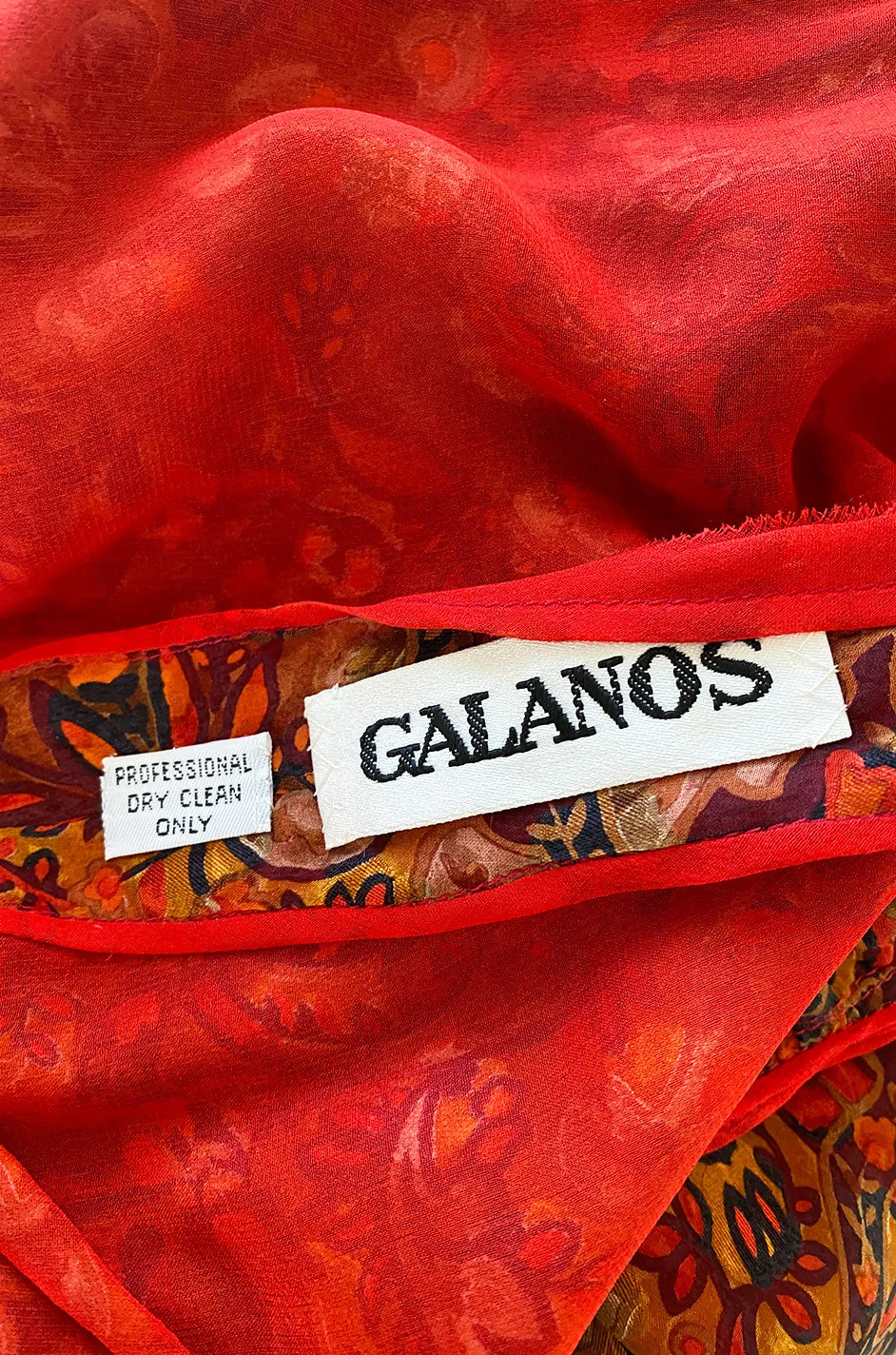 Late 1970s James Galanos Printed Rust & Coral Silk Chiffon Jumpsuit w Extra Wide Slit Pant Legs